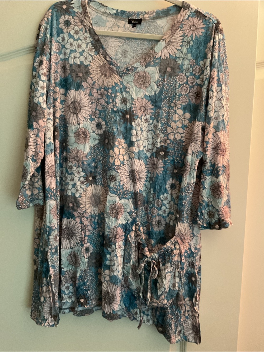 Silhouette Teal Blue Floral Drawstring V-Neck Tunic